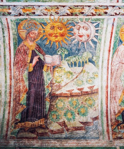 Hrastovlje fortified church, Trinity Church, Genesis, God creates sun, moon and stars (detail), Slovenia by Janez Kastav