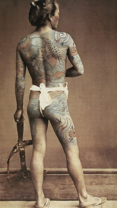 Man with Specific Japanese Tattoo, c.1880 (hand coloured albumen photo) by Japanese Photographer