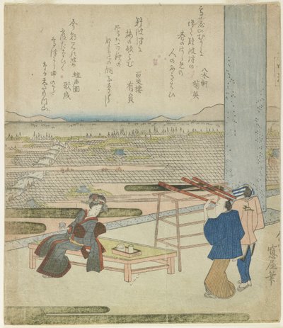 Woman and Two Men Enjoying a View from a Building on a Hill, 1820s by Japanese School