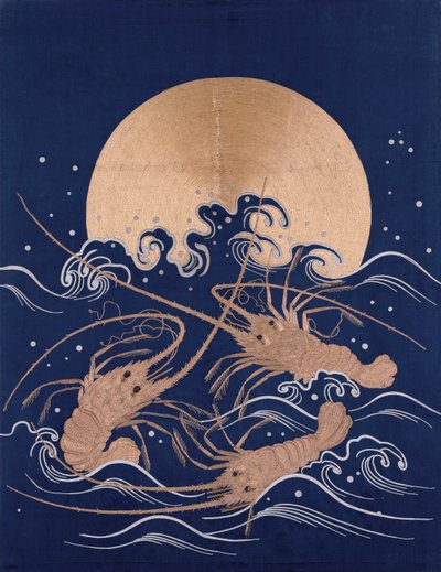 A Japanese Embroidered Textile Panel of Dark Blue Satin Depicting Three Crayfish Among Waves Before a Rising Sun by Japanese School