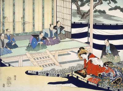 A Man Interrogates a Woman, from a 19th Century Album of Woodcuts by Japanese School