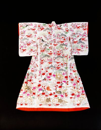 A furisode of white silk damask stencilled with bamboo leaves and plum blossom by Japanese School