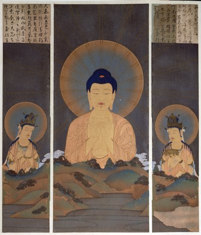 Apparition of the Buddhist Trinity, Buddha Amitabha and his two Bodhisattvas, Kannon (Compassion) & Seishi (Wisdom) on the mountain, illustration from the magazine 