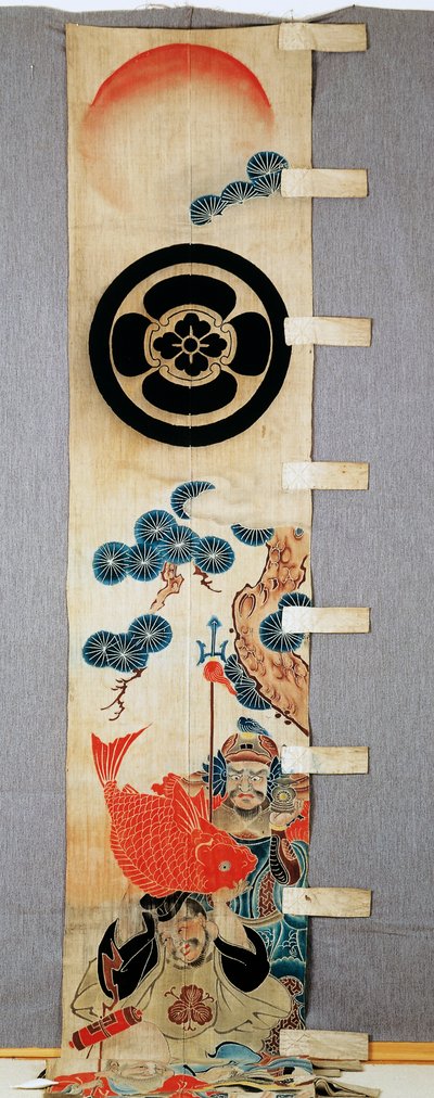 Banner (nobori), detail of Seven Gods of Fortune motifs, family crests, flower in circle, in cotton, Dyed in reserve with rice starch, with pigments, ink, chemicals, ink, Japanese civilization, Meiji-Taisho period, 20th century by Japanese School