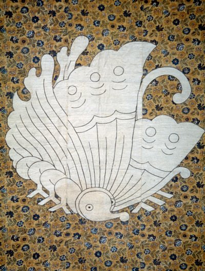 Bedspread Futonji Patterned Floral Print Calico, Family Coat of Arms Depicting Butterfly by Japanese School