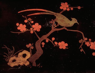 Bird and floral motifs, Wood and lacquer bunko box by Japanese School