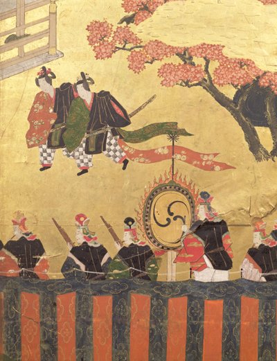 Detail from a Four Leaf Screen Depicting Two Courtiers Wearing Kazaritachi and Soldiers, Tosa School, Edo Period by Japanese School
