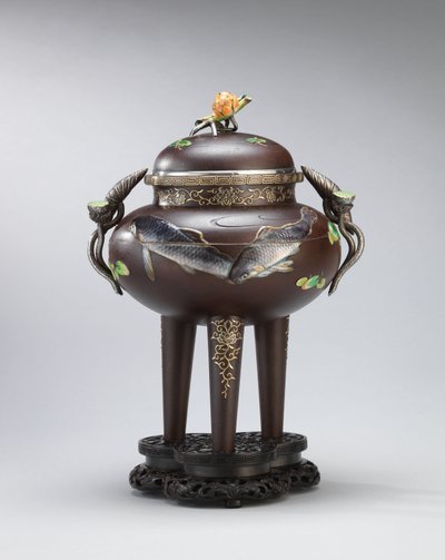 Enamel and soft-metal-inlaid iron incense burner, sealed Koichi Shin (Takasaki Koichi), Meiji Period by Japanese School