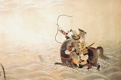 Episode of the Genpei War (1180-1185): A Samurai Armed with a Bow and Mounted on a Horse Crosses a River at a Ford. Japanese Art of the Tosa School by Japanese School