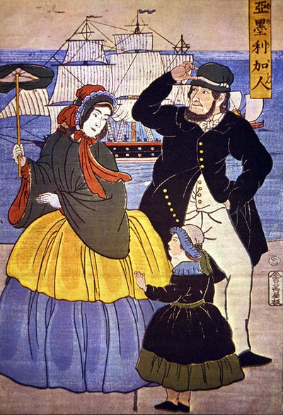 European Family at Yokohama Harbour Front Painted by a Japanese Artist in 1861 by Japanese School