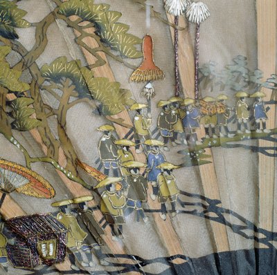Fan with Guard and Black Lacquer Slats with Mother of Pearl Inlay Depicting Procession by Japanese School