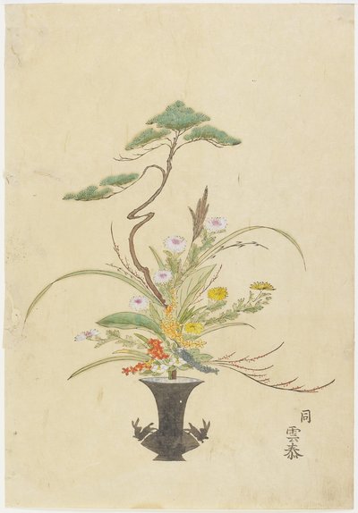 Flower Arrangement by Takada Anritsubo Untai; Pine, Chrysanthemum and Camelia by Japanese School