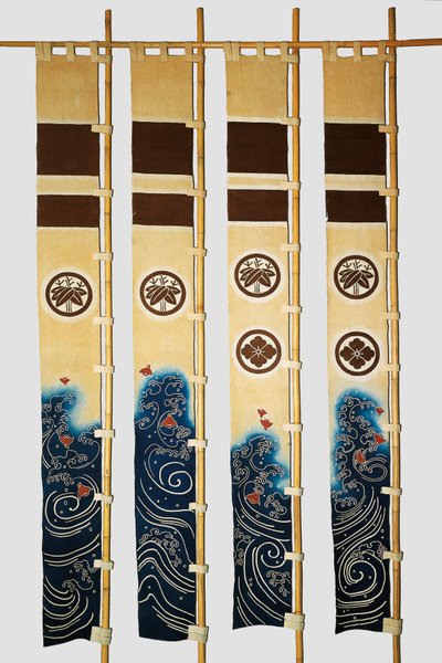Four Banners with Motifs Depicting Plovers in Waves, Family Crests, Bamboo, Flower in Circles by Japanese School