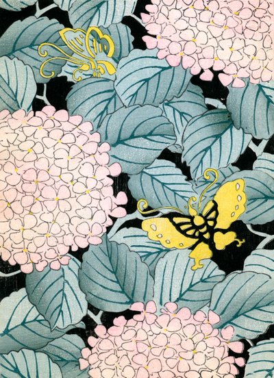 Hydrangeas and Butterflies by Japanese School