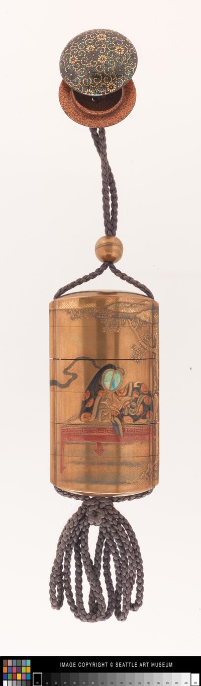 Inro decorated with a court lady, ojime, and netsuke by Japanese School