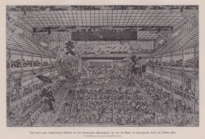 Interior of a traditional Japanese Kabuki theatre showing the Hanamichi running through the audience from the back of the theatre to the stage by Japanese School