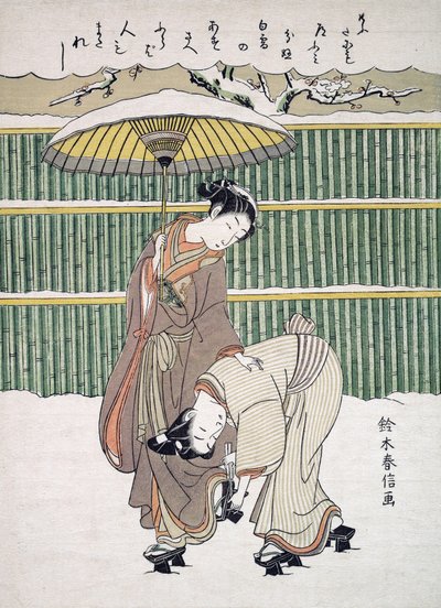 Japanese Lovers walking in Snow, pub. c. 1768 by Japanese School