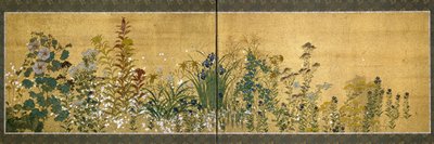 Japanese Art: Screen Panels Decorated with Flowers by Japanese School