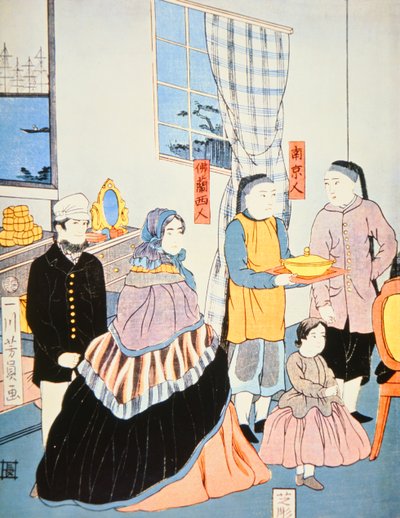 Japanese print c.1870 showing European visitors to Japan by Japanese School