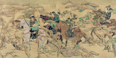 Japanese soldiers on horseback riding through a pine forest during the Mongolian invasion of Japan in 1274, illustration from Kokka magazine, May 1921 by Japanese School