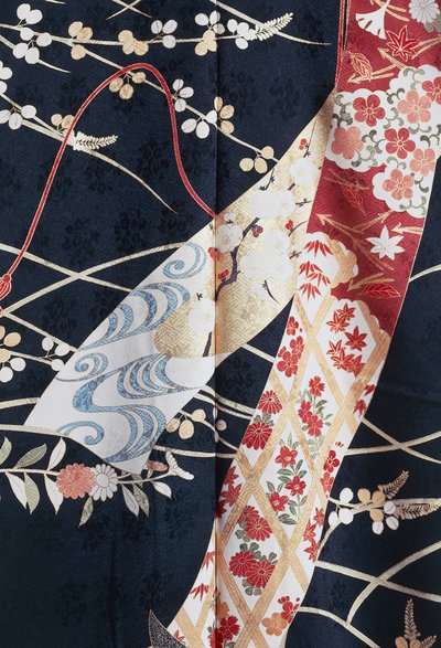 Kimono Furisode (billowing sleeves) worn by young unmarried women on elegant occasions and Maiko (Geisha student), Silk with floral and plant motifs, floating panels, detail, Kaga-Yuzen dyeing, Tokamachi weaving mills, Japanese civilization, 20th century by Japanese School