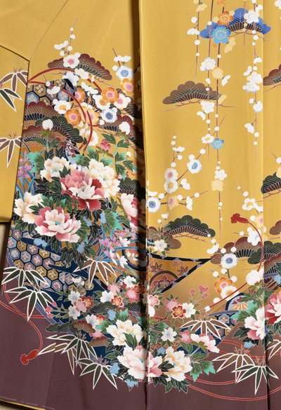 Kimono Furisode worn by young unmarried women on elegant occasions and Maiko, Smooth silk, floral motifs, floating ribbons, Kaga-Yuzen dyeing, Tokamachi weaving mills, Japanese civilization, 20th century by Japanese School