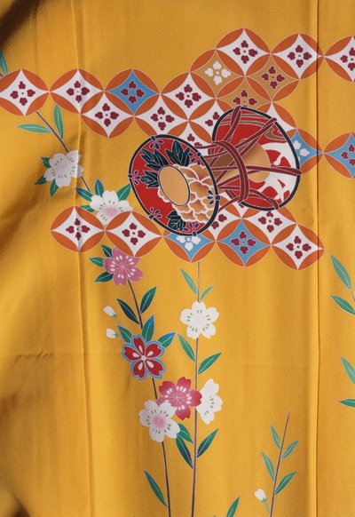 Kimono Girl (7 years) Similar to That of Adult Women for Feast of Shichi-Go-San When Going to Shinto Shrine with Their Family, Silk, Floral Motifs, Cherry Blossoms, Taiko Drum (detail) by Japanese School