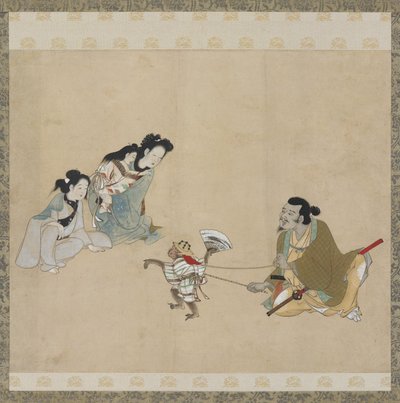 Monkey trainer and monkey performing a dance, Edo period by Japanese School