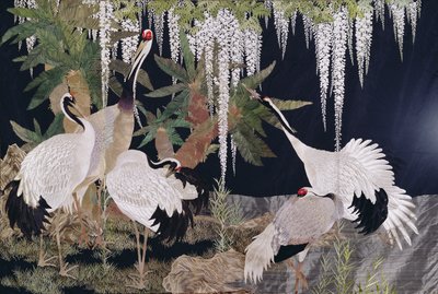 Needlework hanging with cranes, cycads and wisteria by Japanese School