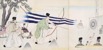 Nobles Practising Archery, from an Album of Woodcuts by Japanese School