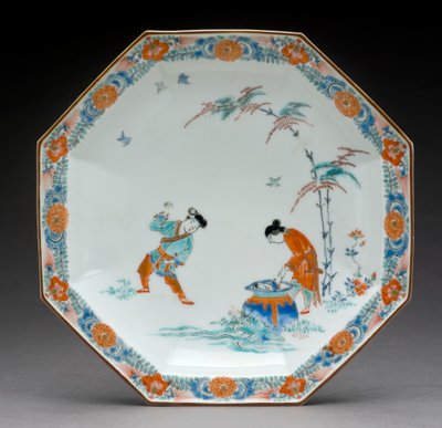 Octagonal Dish with a scene illustrating the Hob in the well story, Kakiemon ware by Japanese School