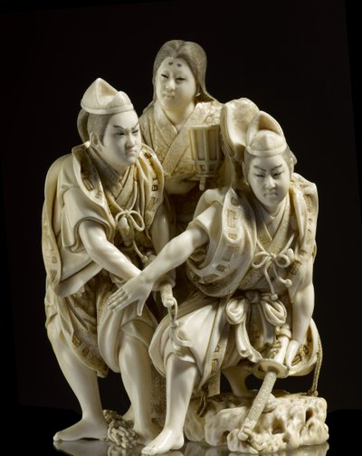 Okimono depicting the Soga Brothers about to slay Suketsune guided to his tent by Tora by Japanese School