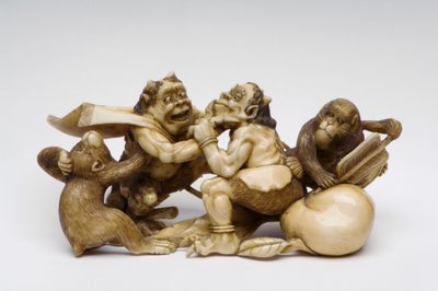 Okimono of two demons fighting, watched by two monkeys by Japanese School