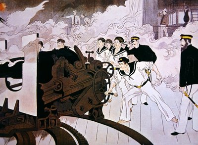 Painting of Japanese naval gunners in action during the Battle of Yalu River in September by Japanese School