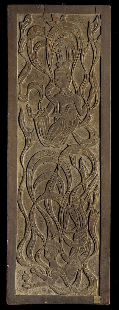 Panel with low-relief carving of Buddhist apsaras by Japanese School