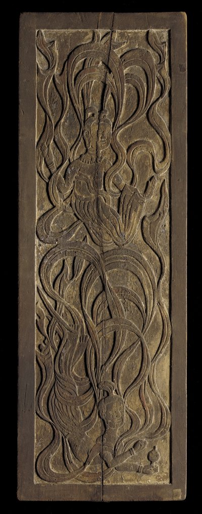 Panel with low-relief carving of Buddhist apsaras by Japanese School