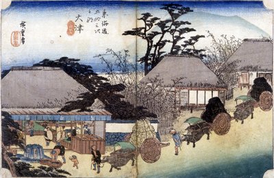 Peasants crossing a village with their carts - Japanese print by Japanese School