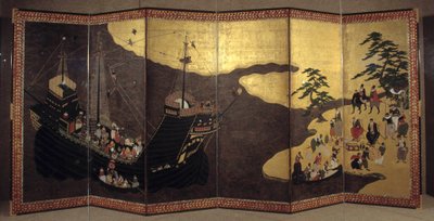Portuguese Screen Representing the Arrival of Jesuit Portuguese Missionaries in Japan in the 16th Century by Japanese School