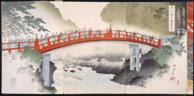 Procession across a River into a Temple, from a 19th Century Album of Woodcuts by Japanese School