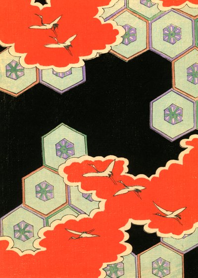 Red Clouds with Flying Cranes by Japanese School