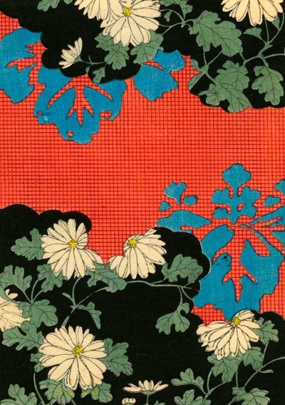 Red and Black Design with Daisies by Japanese School