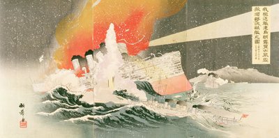 Russian Ship Under Attack, No.23 in an Album Depicting Episodes from the Russo-Japanese War by Japanese School