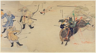 Samurai Takezaki charges Mongol invaders as shells explode overhead during the Mongolian invasions of Japan in 1274, illustration from Kokka magazine, May 1921 by Japanese School