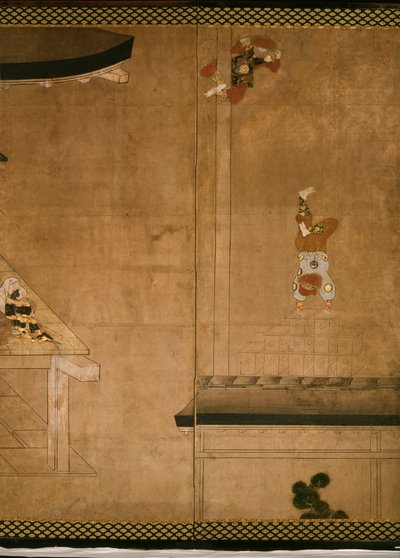 Six-fold screen depicting acrobats performing before a rich household by Japanese School