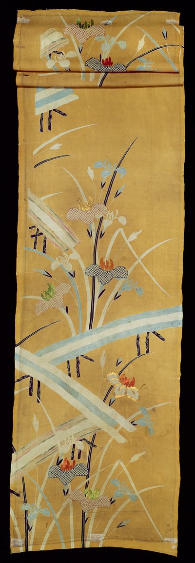 Textile sample with Irises and Bridges by Japanese School