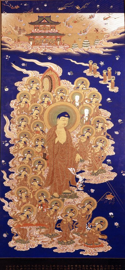 The Amida Buddha descends from Heaven, it is the Japanese name of the Amitabha Buddha. Painting of the Yamato School - E of the 16th century. Genoa, Museo Chiossone. by Japanese School