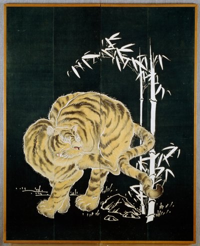 Tiger and Bamboo, Motif on Two Door Cotton Screen by Japanese School