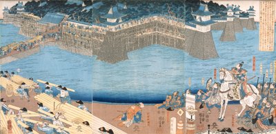 Triptych Showing a Fort Being Built by River Kunigos by Japanese School