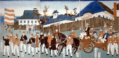Triptych showing a parade of foreigners, Yokohama, in a horse-drawn open carriage and led by man carrying the stars-and-stripes, and a military band, 1861 by Japanese School