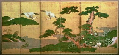 Two Cranes Diving Behind Pine and Rockwood by Japanese School